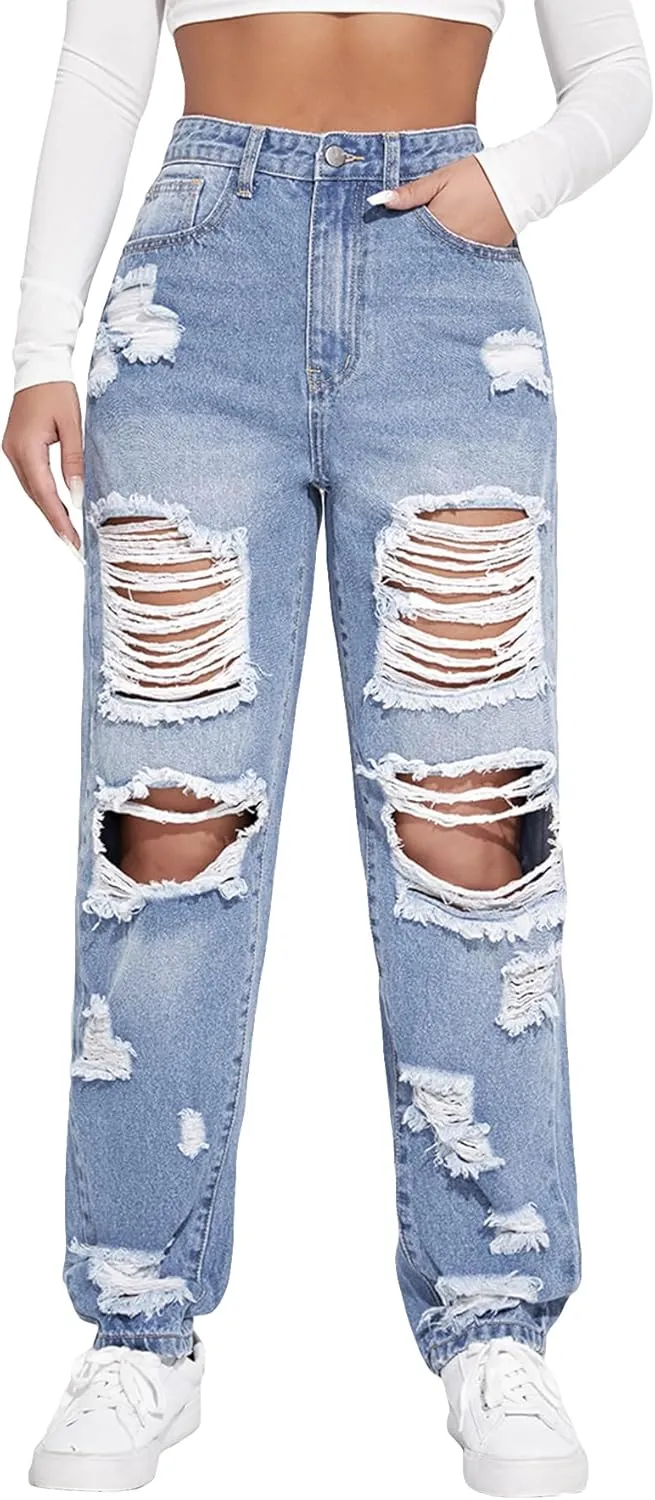 Floerns Women's Ripped High Waist Boyfriend Jeans Distressed Stretchy Denim Pants