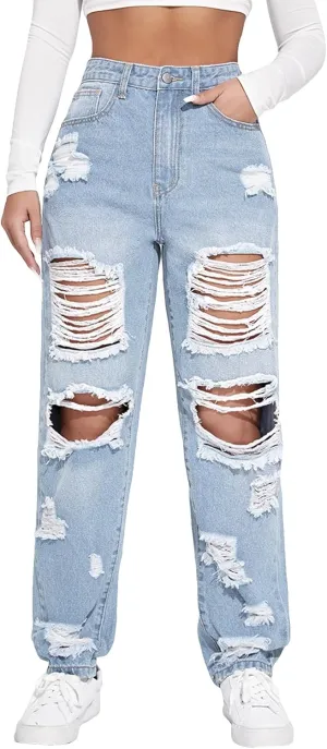 Floerns Women's Ripped High Waist Boyfriend Jeans Distressed Stretchy Denim Pants