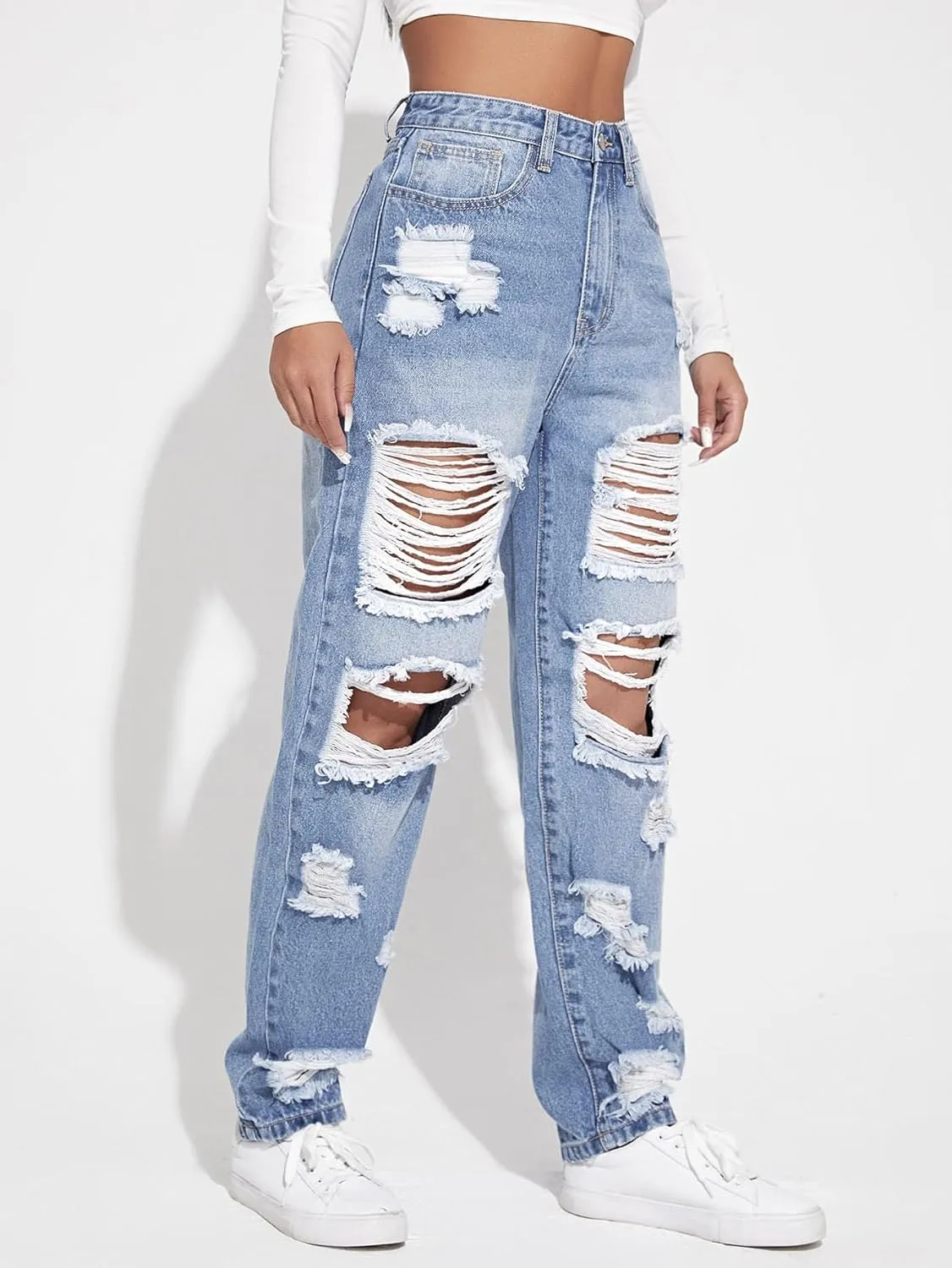 Floerns Women's Ripped High Waist Boyfriend Jeans Distressed Stretchy Denim Pants