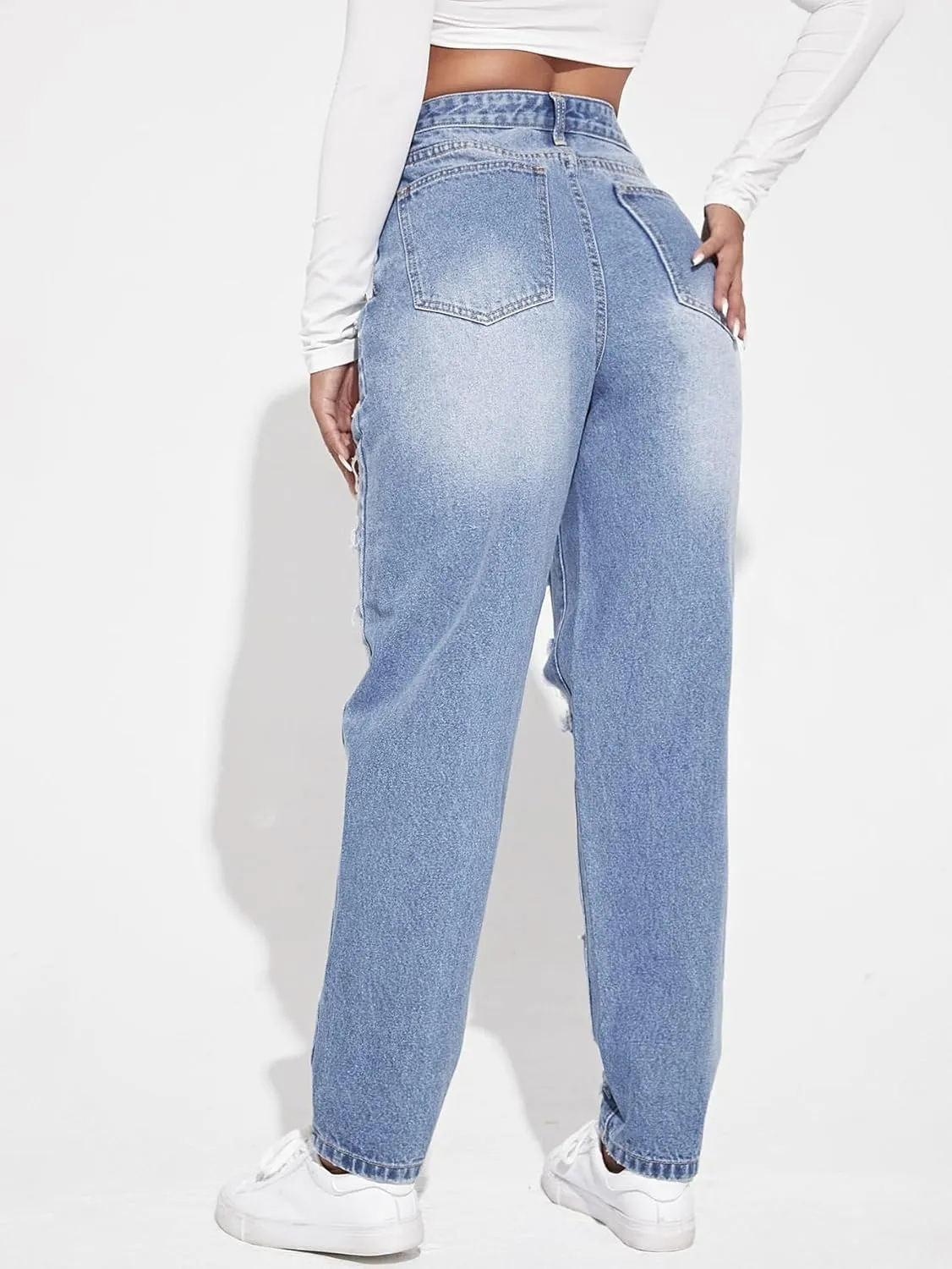 Floerns Women's Ripped High Waist Boyfriend Jeans Distressed Stretchy Denim Pants