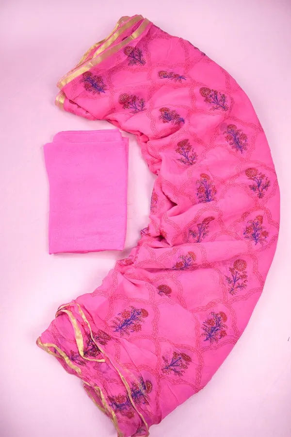 Floral Block Print Pure Chiffon Pink Saree