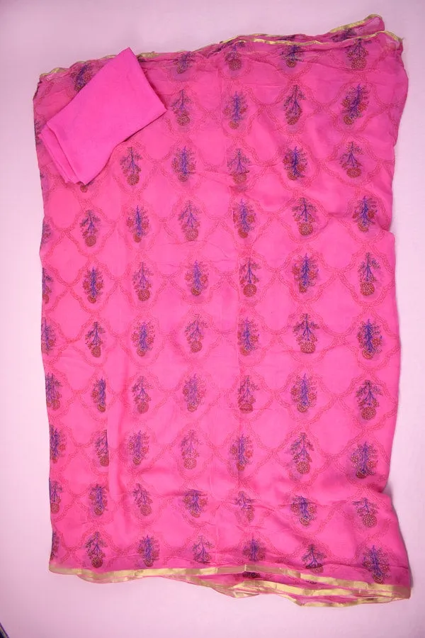 Floral Block Print Pure Chiffon Pink Saree
