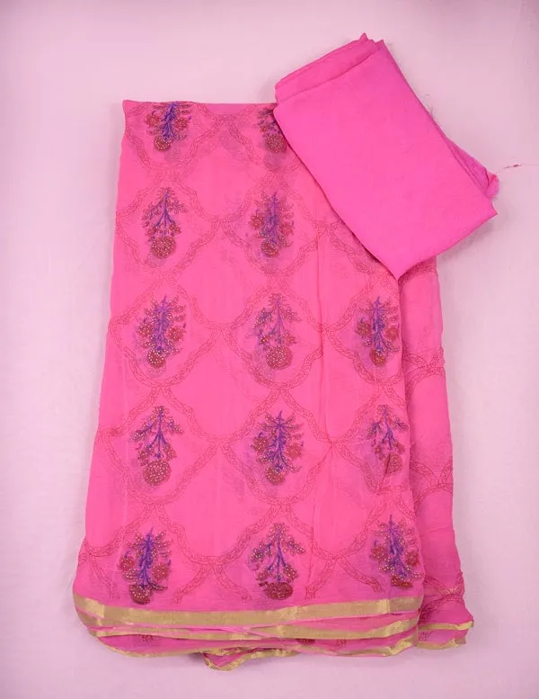 Floral Block Print Pure Chiffon Pink Saree