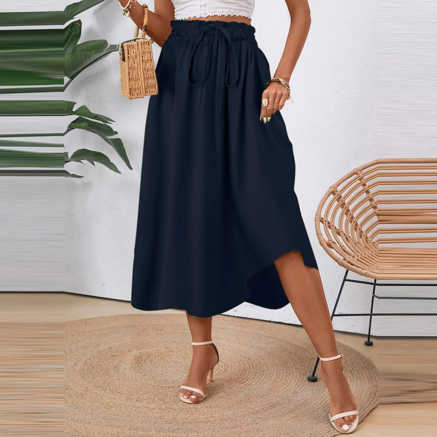 Floral Skirts for Women 2025 A-Line Loose Elastic High Waist Elastic Waist Pleated Summer Swing Skirts with Pocket