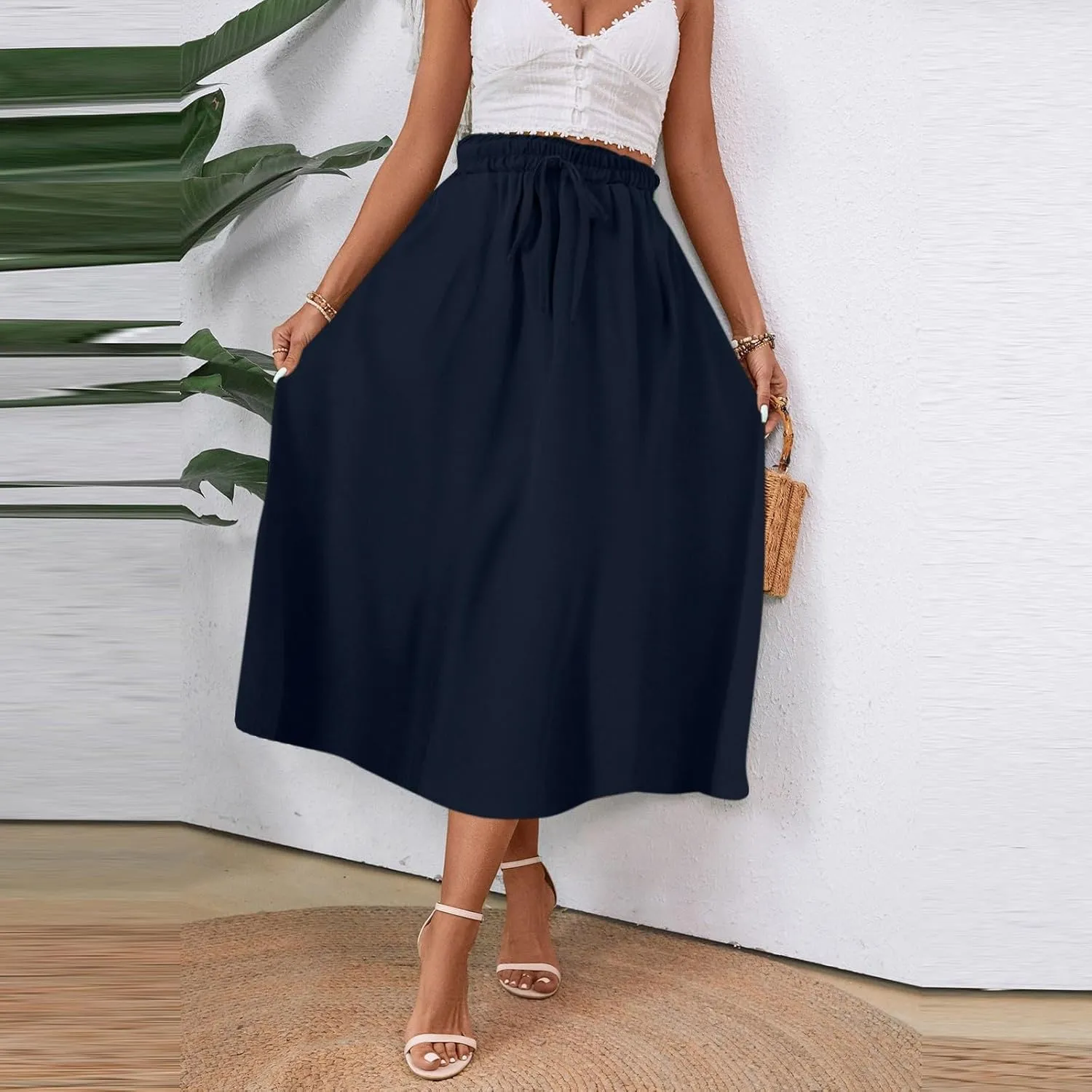 Floral Skirts for Women 2025 A-Line Loose Elastic High Waist Elastic Waist Pleated Summer Swing Skirts with Pocket