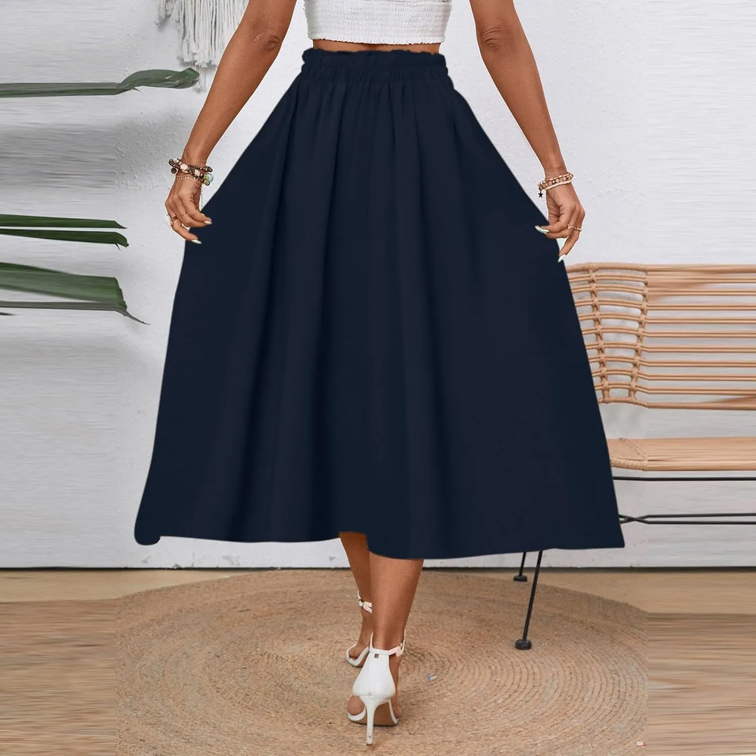 Floral Skirts for Women 2025 A-Line Loose Elastic High Waist Elastic Waist Pleated Summer Swing Skirts with Pocket