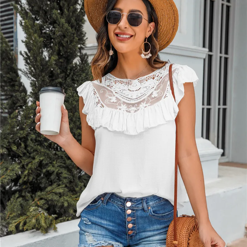 Flounce Lace Neck Design Sleeves Less Blouse