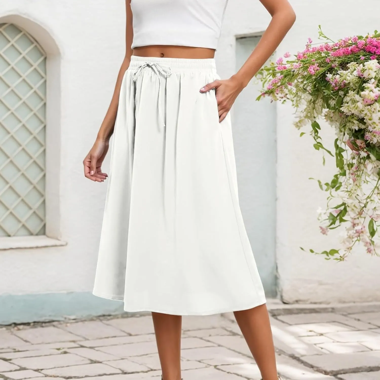 Flowy Skirt Midi Length Elastic High Waist A-Line Flowy Vacation Bohemian Casual Skirt for Women with Pockets S-2XL