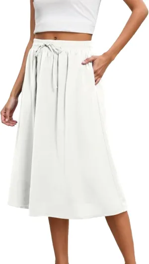 Flowy Skirt Midi Length Elastic High Waist A-Line Flowy Vacation Bohemian Casual Skirt for Women with Pockets S-2XL