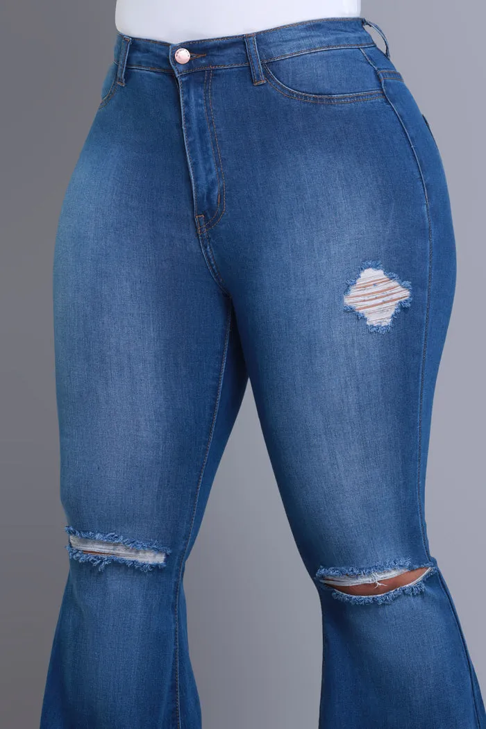 Frontline High Rise Frayed Bell Bottom Jeans - Mid Wash