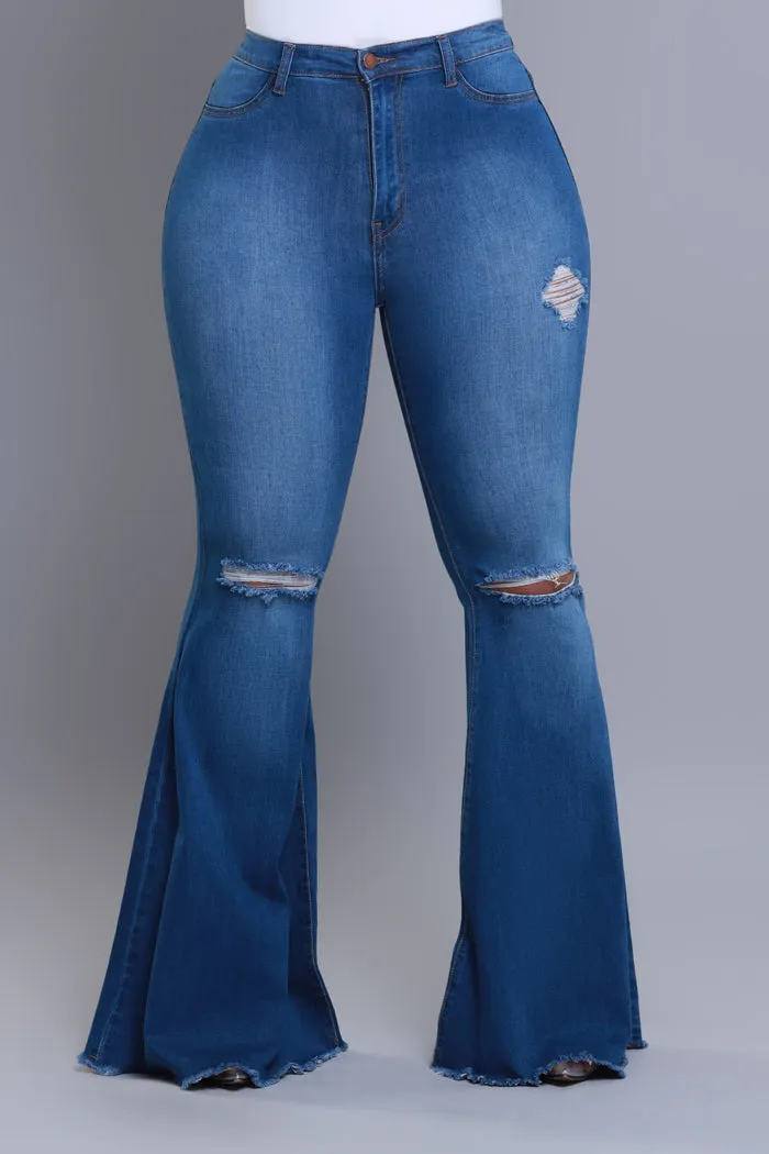 Frontline High Rise Frayed Bell Bottom Jeans - Mid Wash