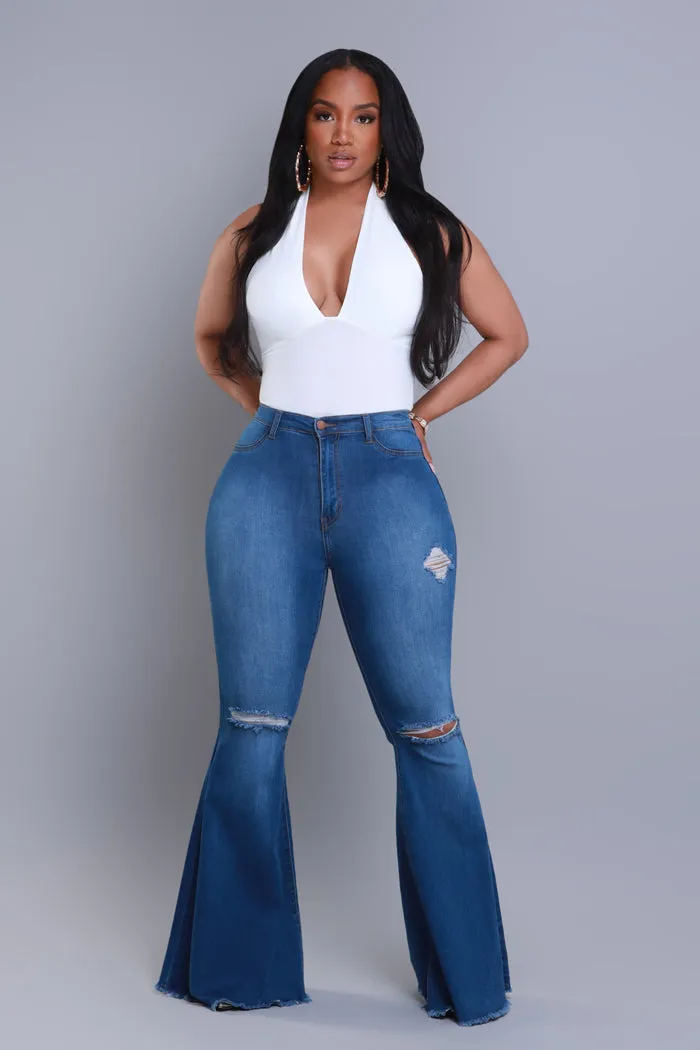 Frontline High Rise Frayed Bell Bottom Jeans - Mid Wash