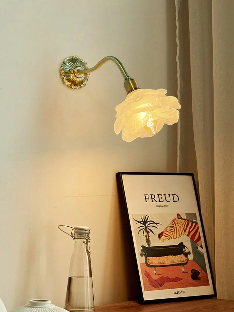 Frosted Layered Glass Flower Wall Light with Brushed Brass Carved Flower Fixture - Bulb Included