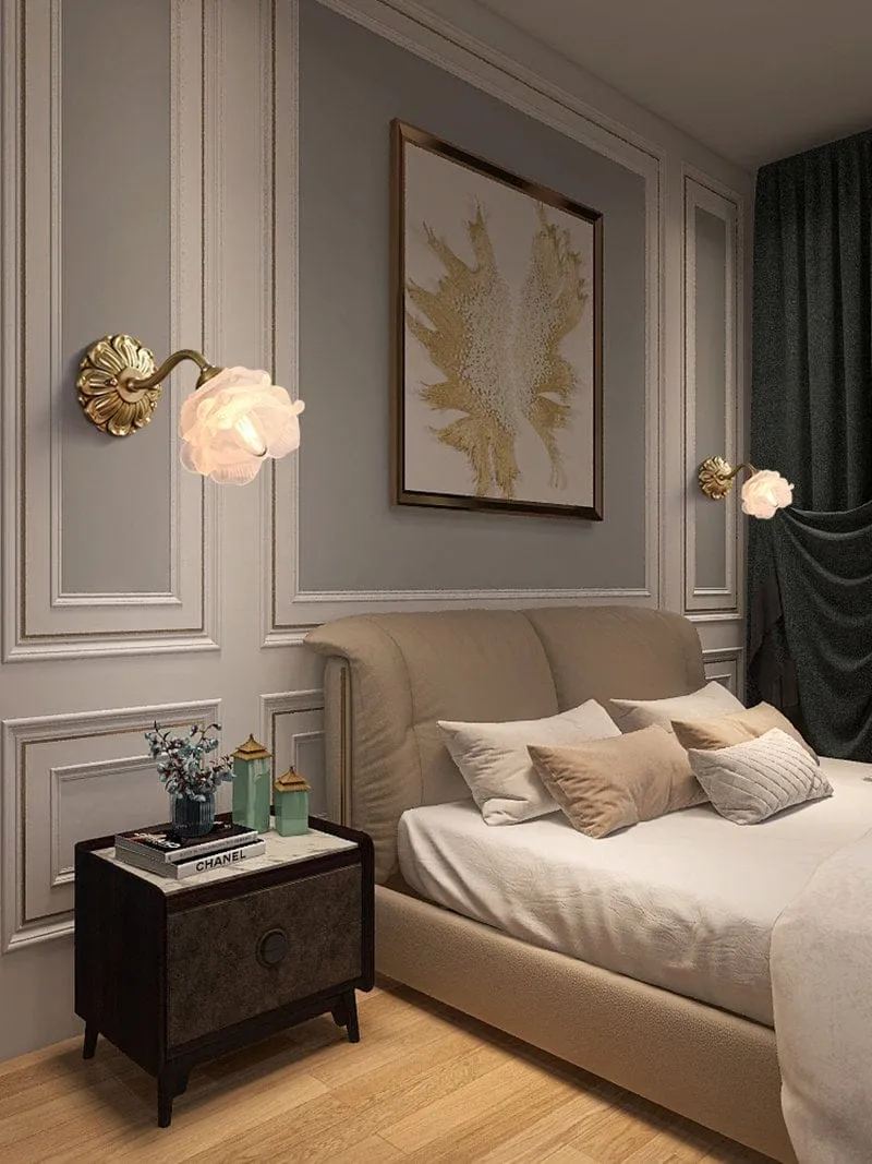 Frosted Layered Glass Flower Wall Light with Brushed Brass Carved Flower Fixture - Bulb Included