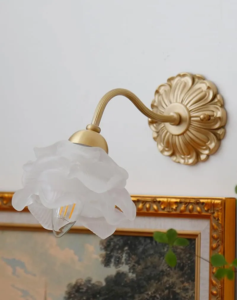Frosted Layered Glass Flower Wall Light with Brushed Brass Carved Flower Fixture - Bulb Included