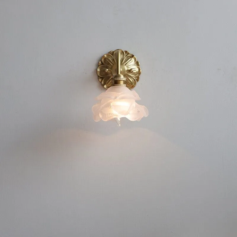 Frosted Layered Glass Flower Wall Light with Brushed Brass Carved Flower Fixture - Bulb Included