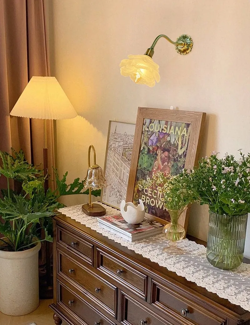 Frosted Layered Glass Flower Wall Light with Brushed Brass Carved Flower Fixture - Bulb Included