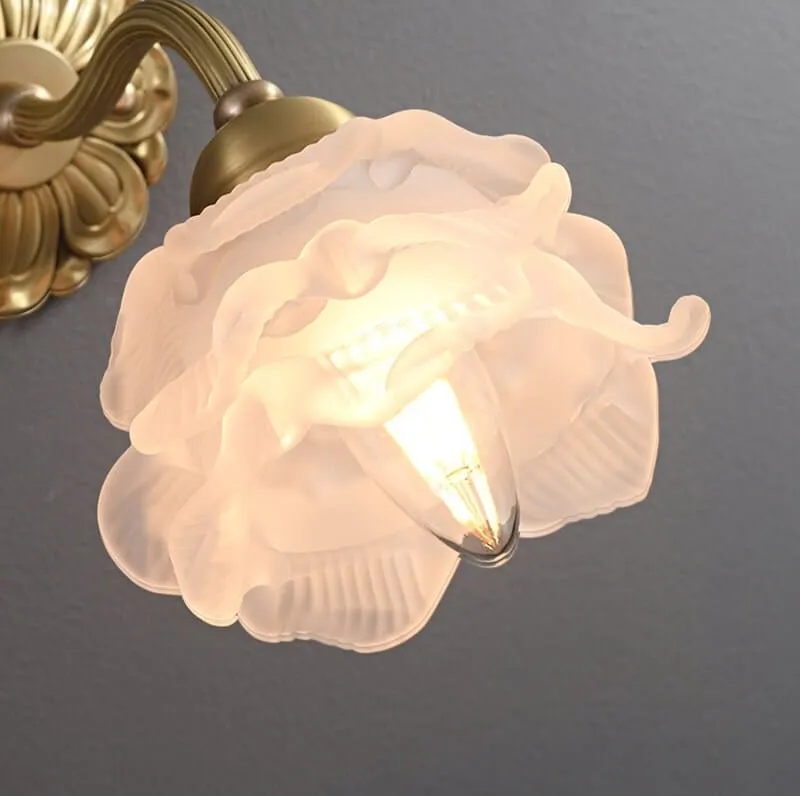 Frosted Layered Glass Flower Wall Light with Brushed Brass Carved Flower Fixture - Bulb Included