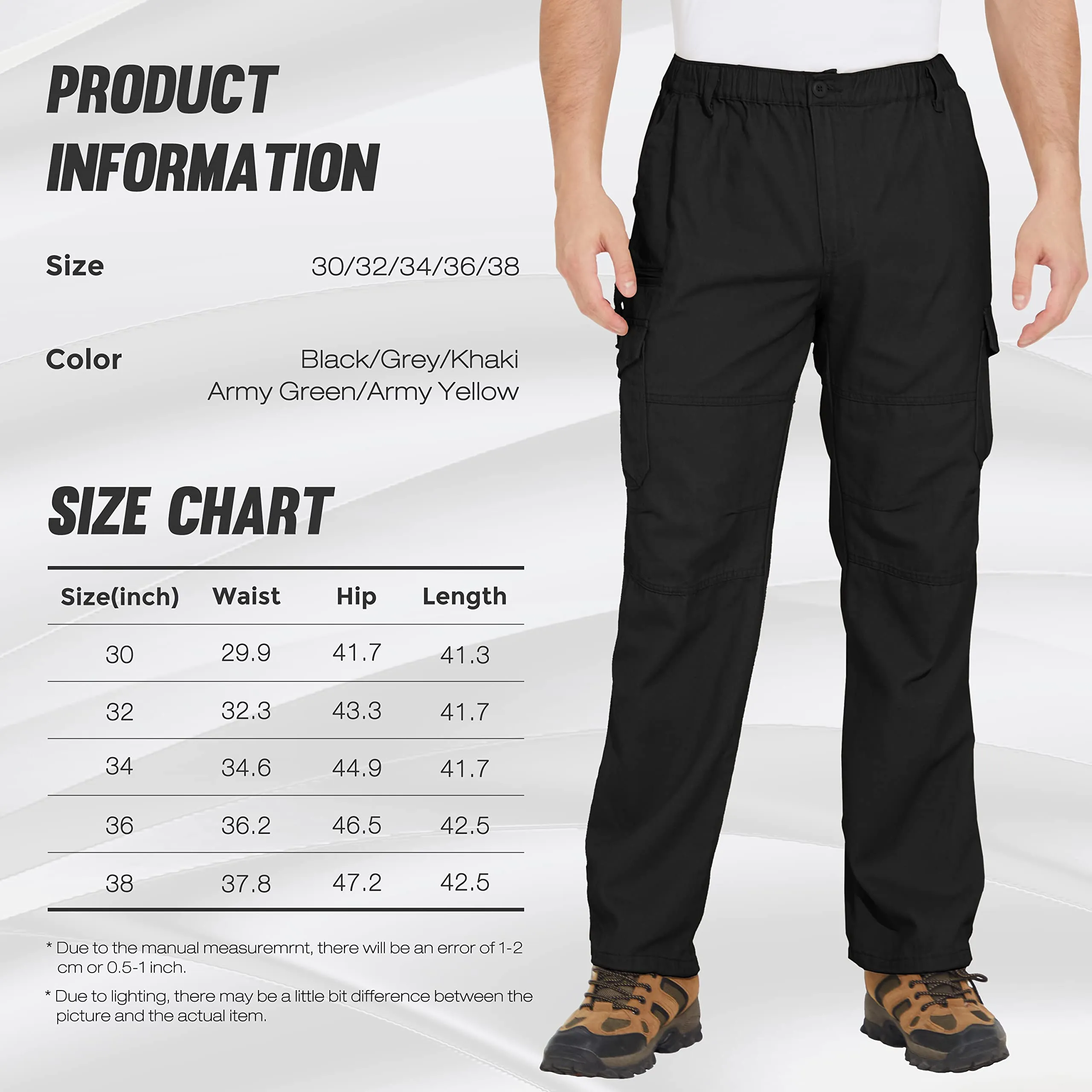 GLESTORE Cargo Pants for Men Relaxed Fit Work Pants with Pockets and Drawstring Mens Slacks Expandable Waist Black 34