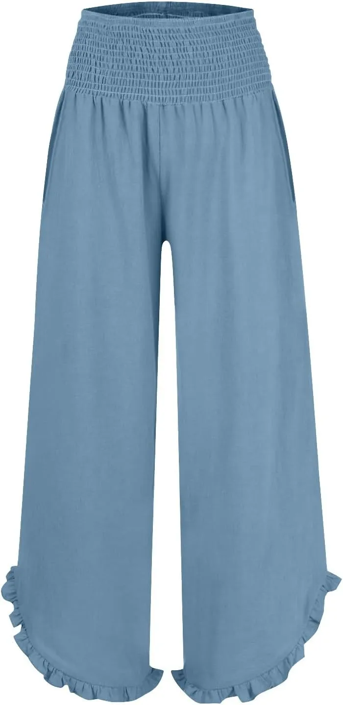 GOKKILRW Women Linen Pants Summer Wide Leg Beach Capris Lightweight High Waist Ruffle Flowy Palazzo Pant Boho Casual Trousers