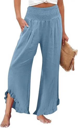 GOKKILRW Women Linen Pants Summer Wide Leg Beach Capris Lightweight High Waist Ruffle Flowy Palazzo Pant Boho Casual Trousers