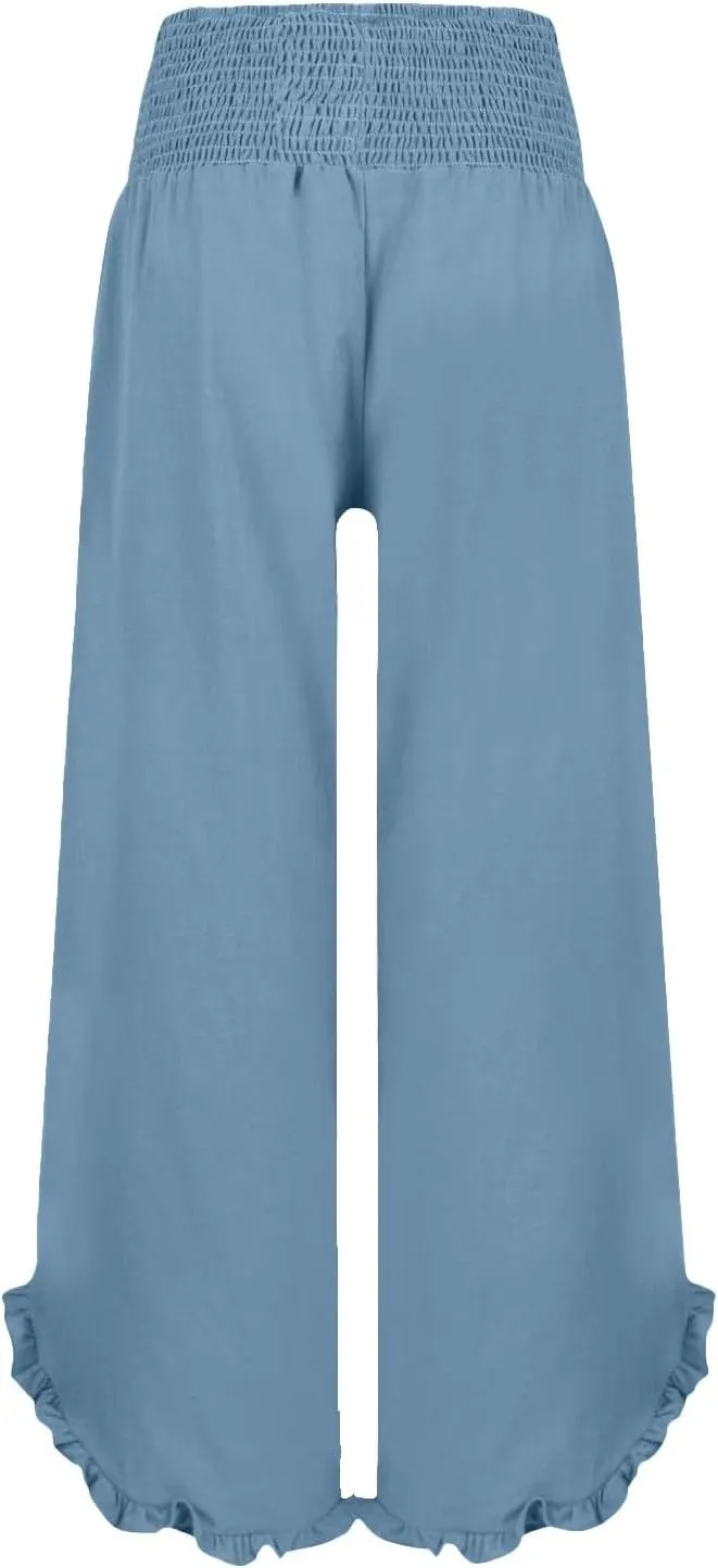 GOKKILRW Women Linen Pants Summer Wide Leg Beach Capris Lightweight High Waist Ruffle Flowy Palazzo Pant Boho Casual Trousers