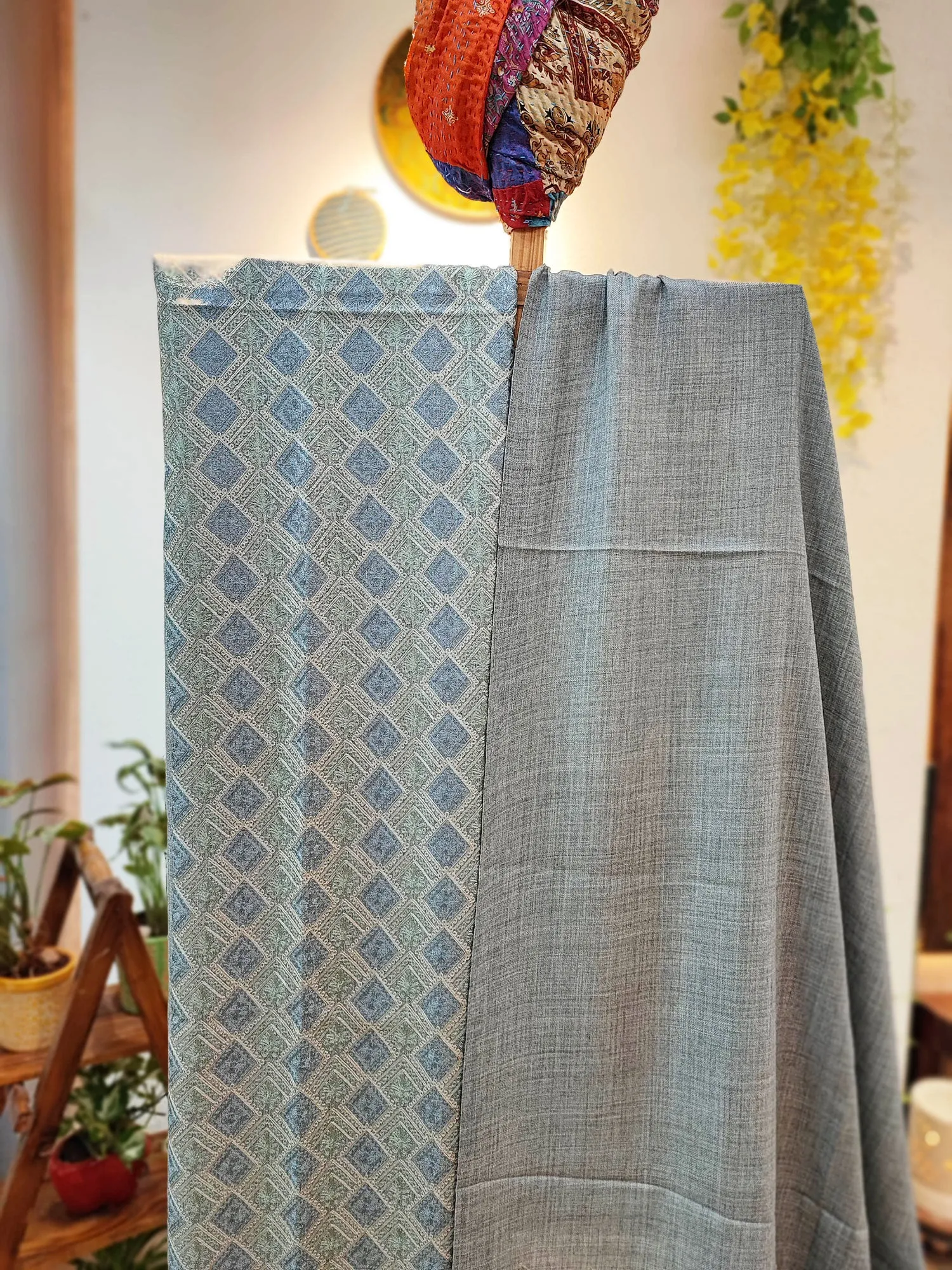 Gray Pure Wool Intricately Embroidered Kurta, Pant, and Shawl Set