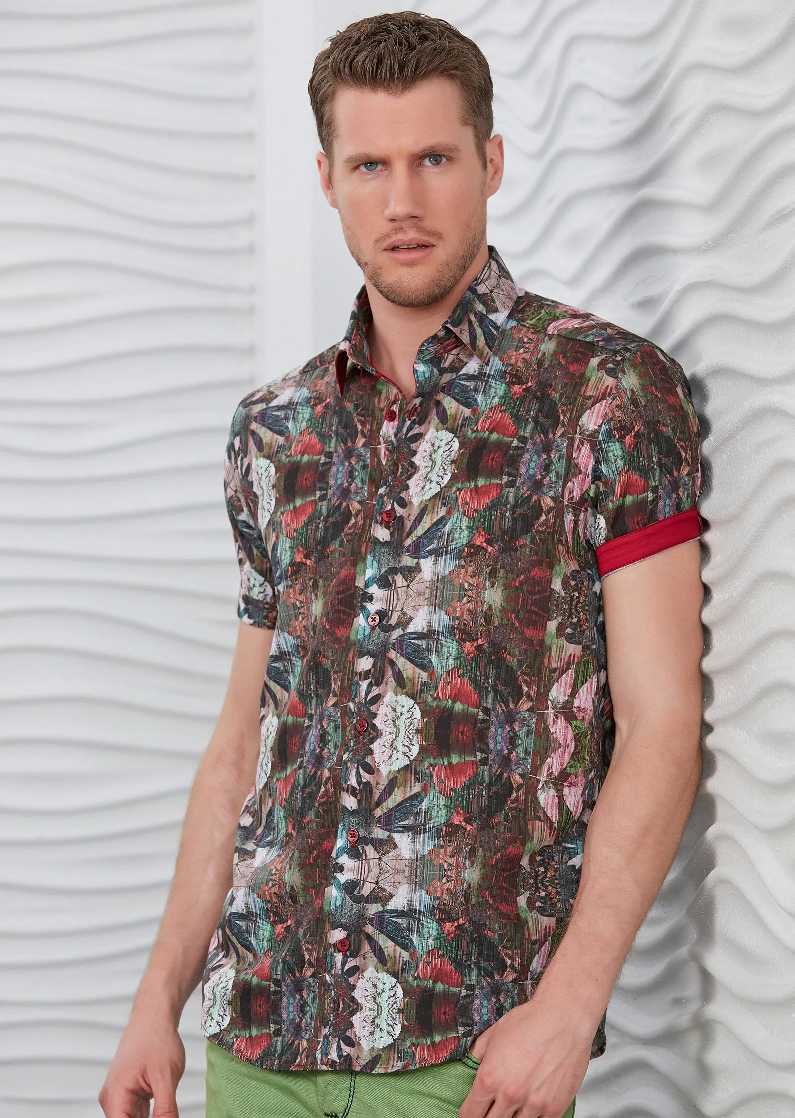 Green Red Floral Short Sleeve Shirt
