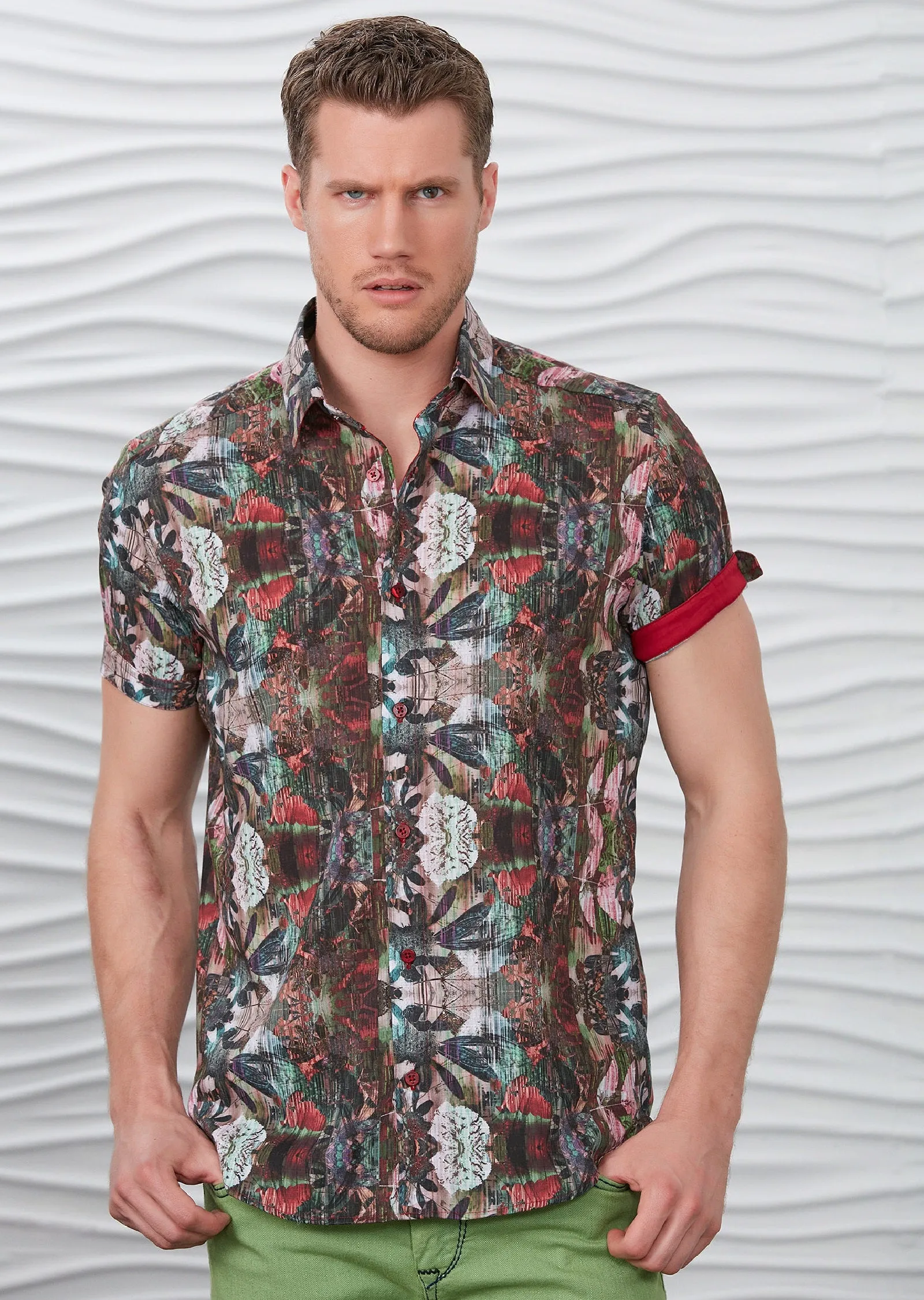 Green Red Floral Short Sleeve Shirt
