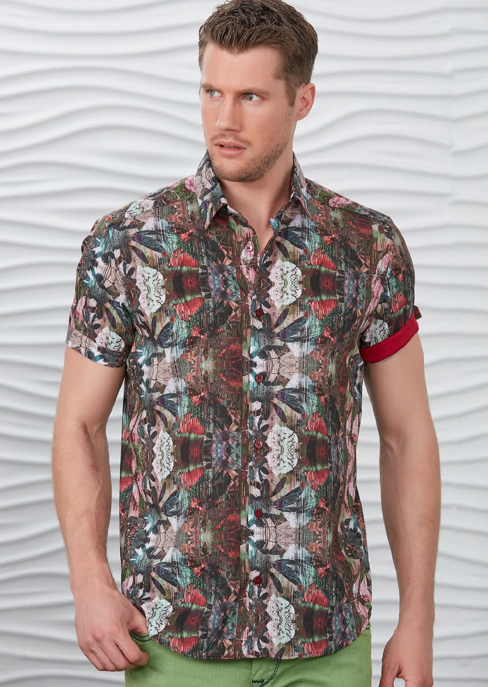 Green Red Floral Short Sleeve Shirt
