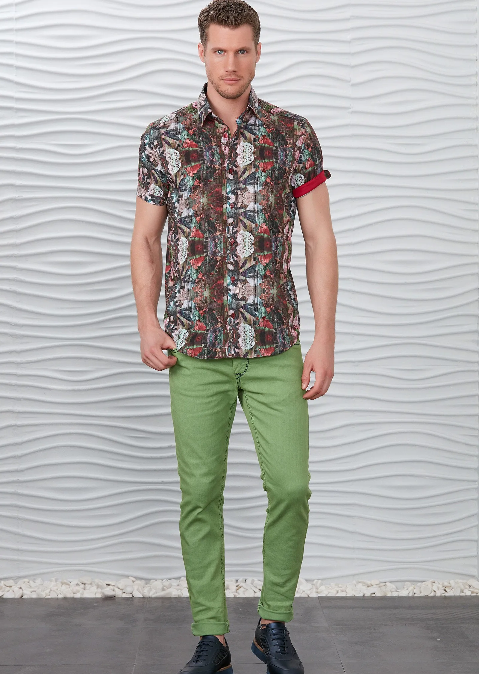 Green Red Floral Short Sleeve Shirt