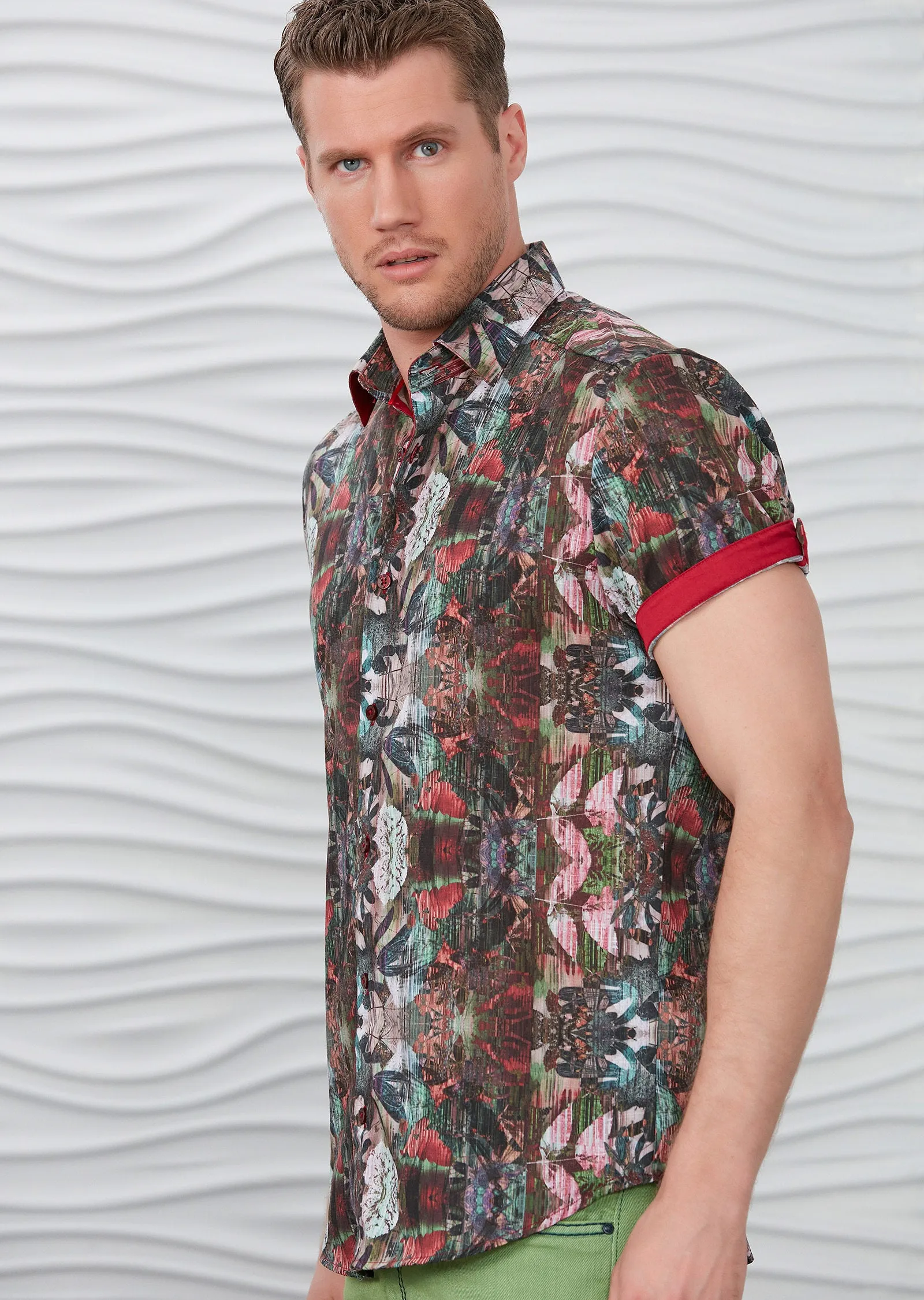Green Red Floral Short Sleeve Shirt