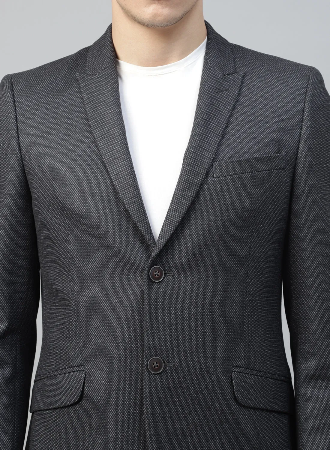 Grey Knit Textured Uncrushable Peak Collar Jacket