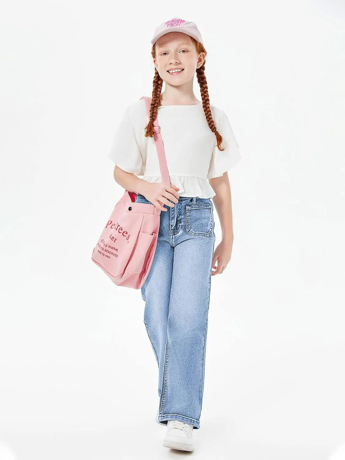 Haloumoning Girls High Waisted Jeans Straight Leg Stretch Demin Pants Cute Casual Trousers with Pockets