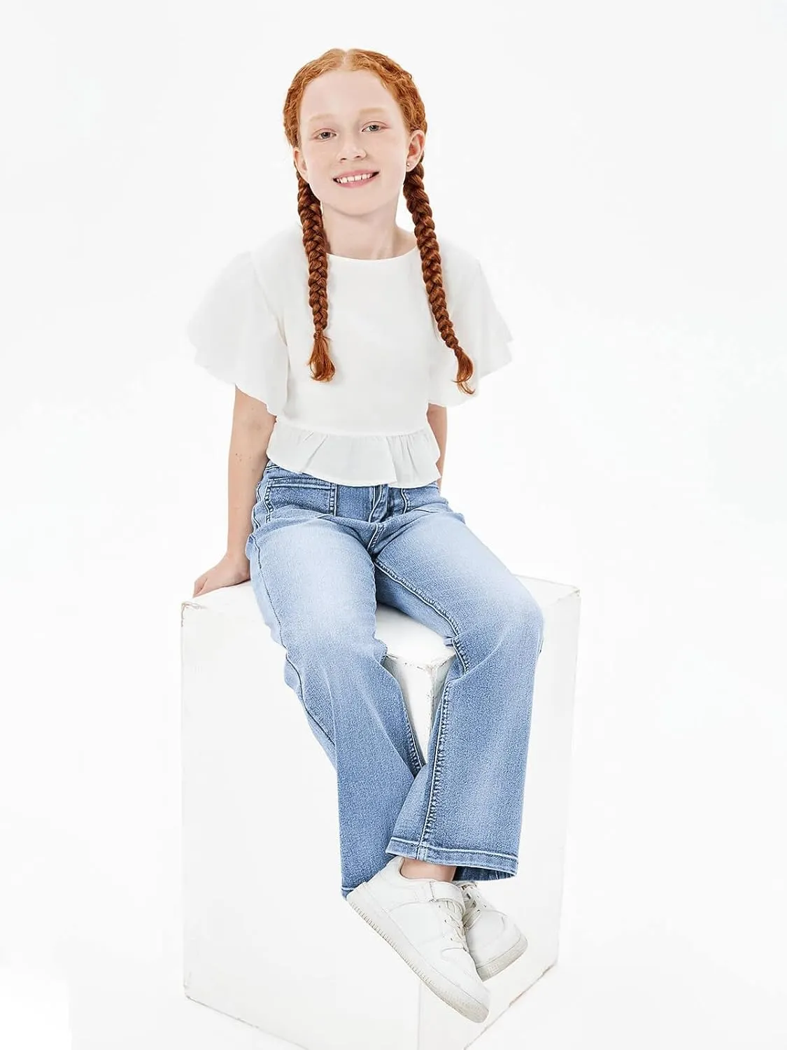 Haloumoning Girls High Waisted Jeans Straight Leg Stretch Demin Pants Cute Casual Trousers with Pockets