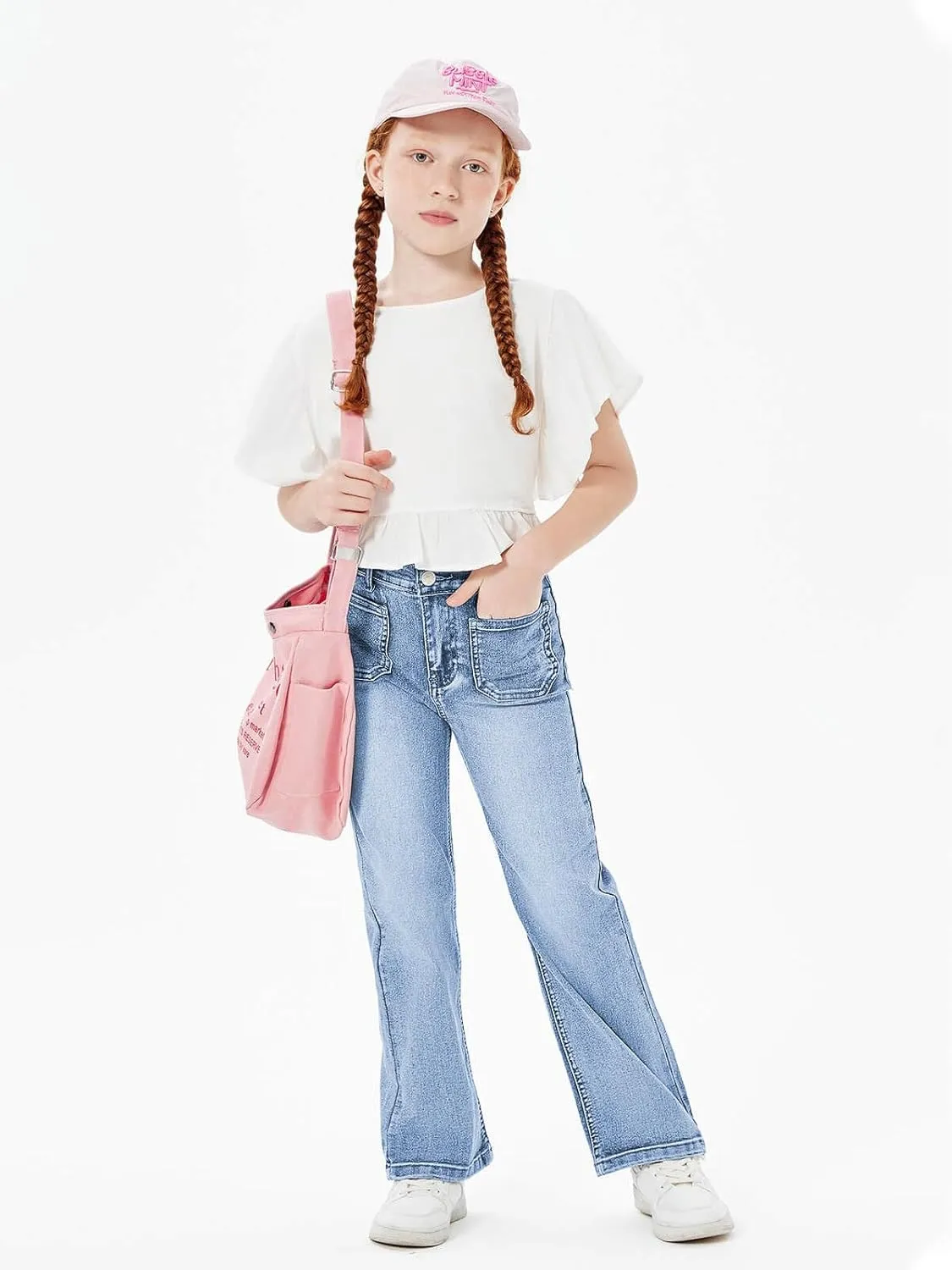 Haloumoning Girls High Waisted Jeans Straight Leg Stretch Demin Pants Cute Casual Trousers with Pockets
