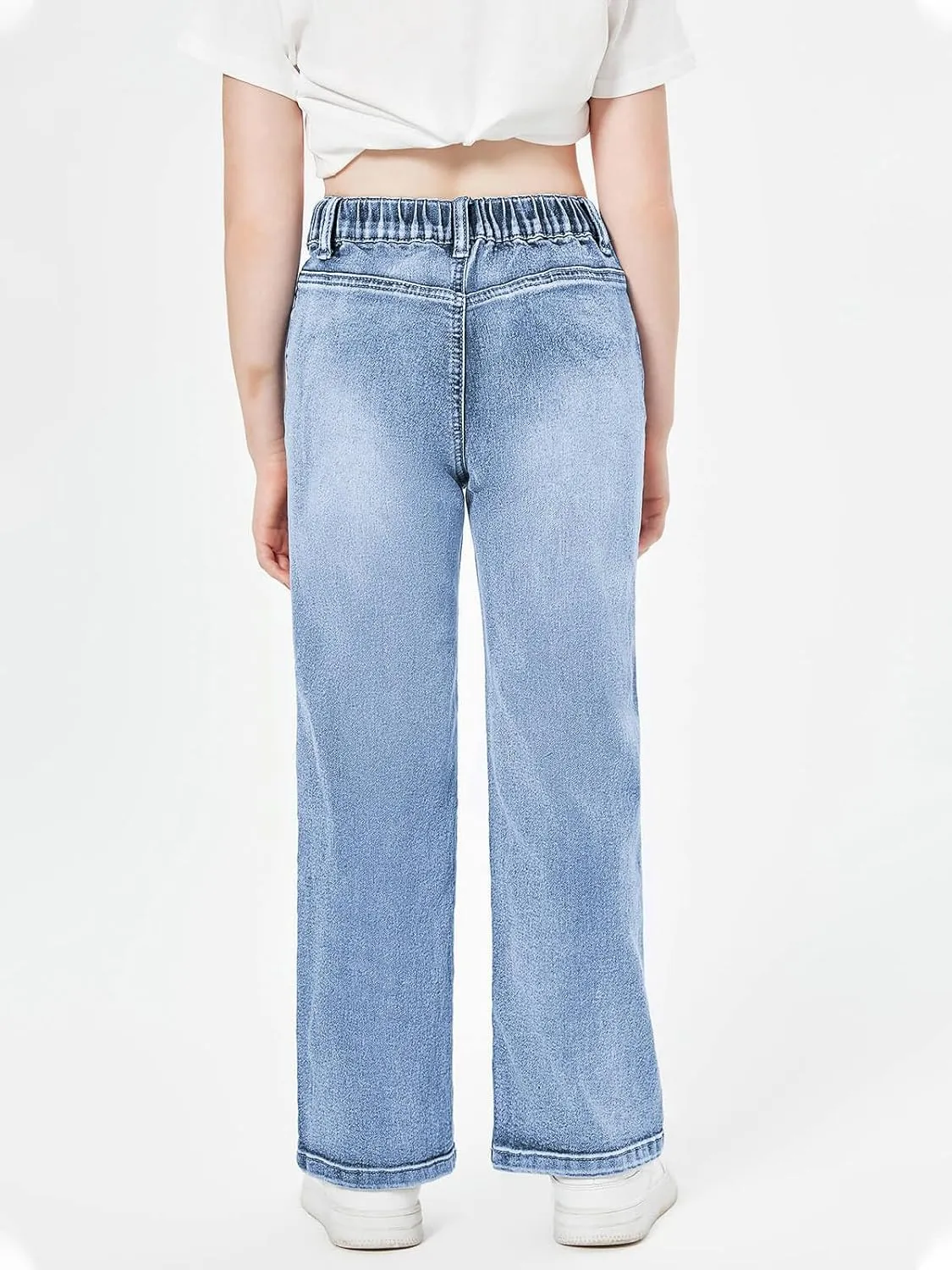 Haloumoning Girls High Waisted Jeans Straight Leg Stretch Demin Pants Cute Casual Trousers with Pockets
