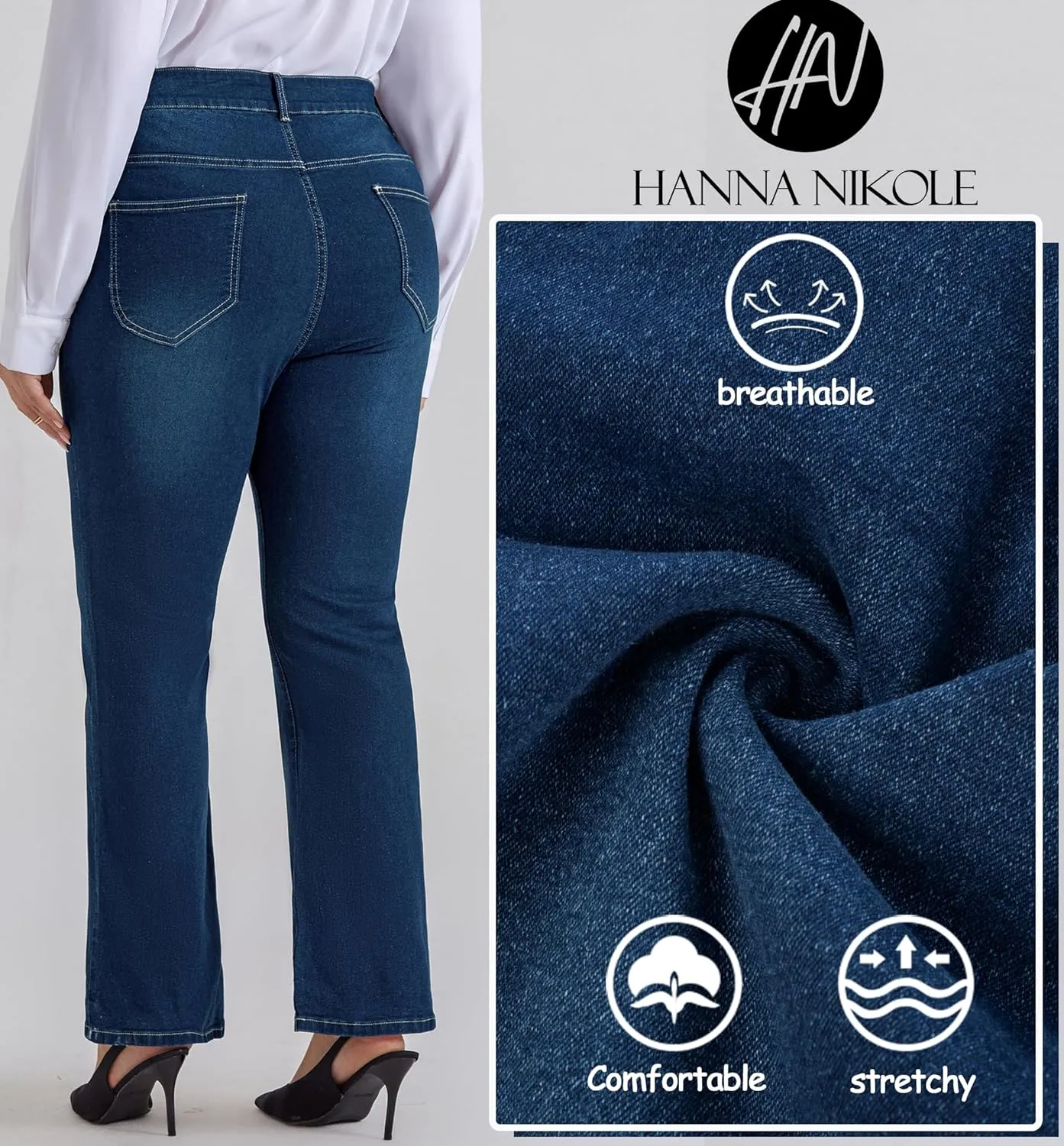 Hanna Nikole Women's Plus Size Wide Flared Jeans High Waisted Stretchy Bell Bottom Denim Jeans with Pockets