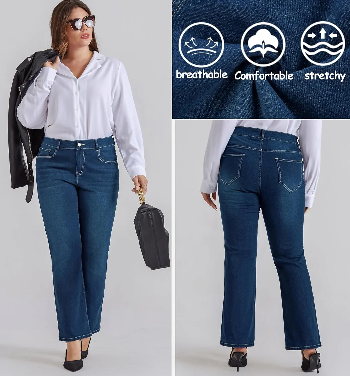 Hanna Nikole Women's Plus Size Wide Flared Jeans High Waisted Stretchy Bell Bottom Denim Jeans with Pockets