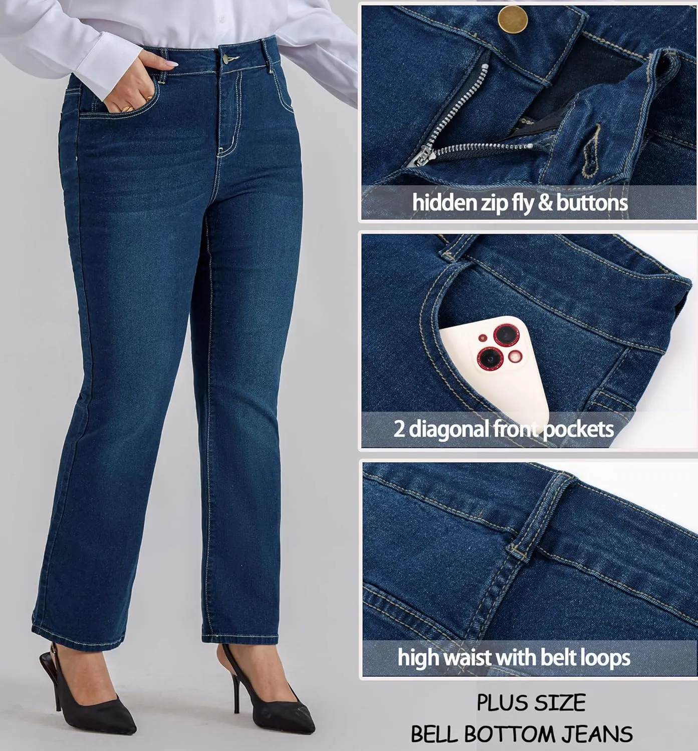 Hanna Nikole Women's Plus Size Wide Flared Jeans High Waisted Stretchy Bell Bottom Denim Jeans with Pockets