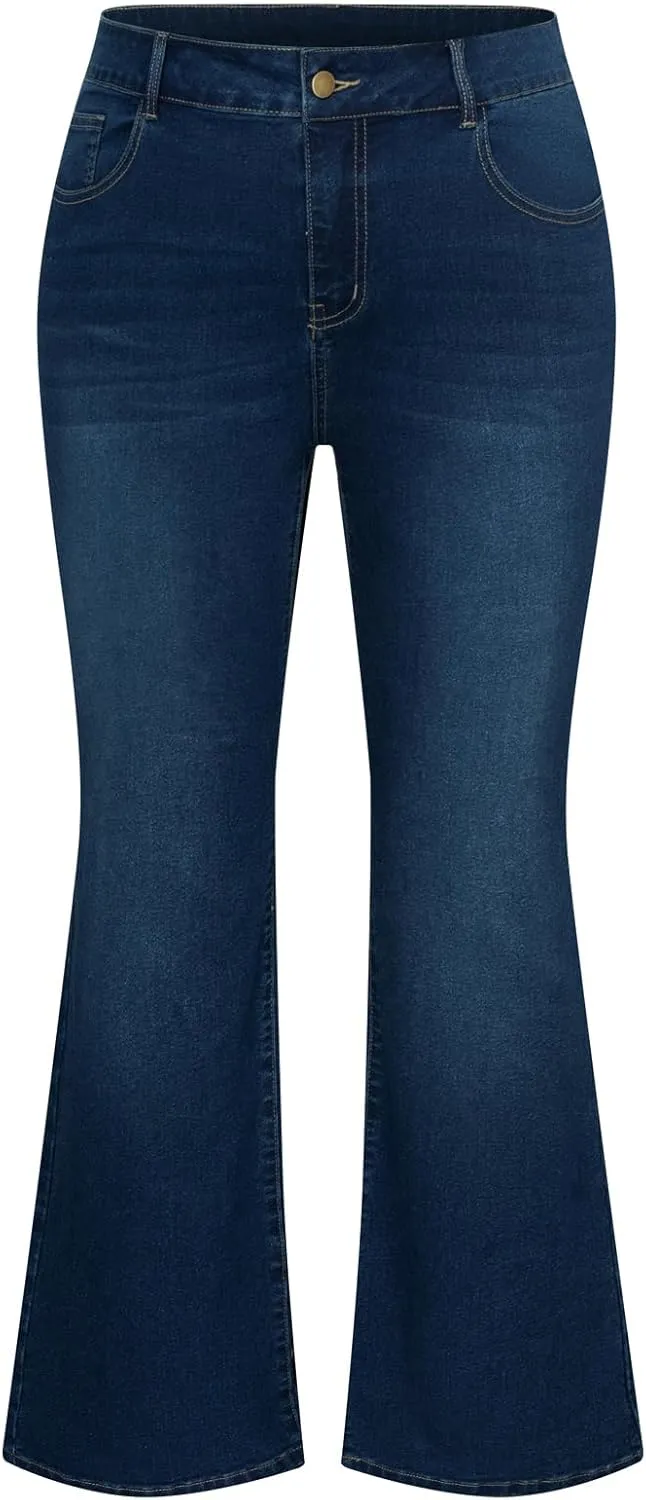 Hanna Nikole Women's Plus Size Wide Flared Jeans High Waisted Stretchy Bell Bottom Denim Jeans with Pockets