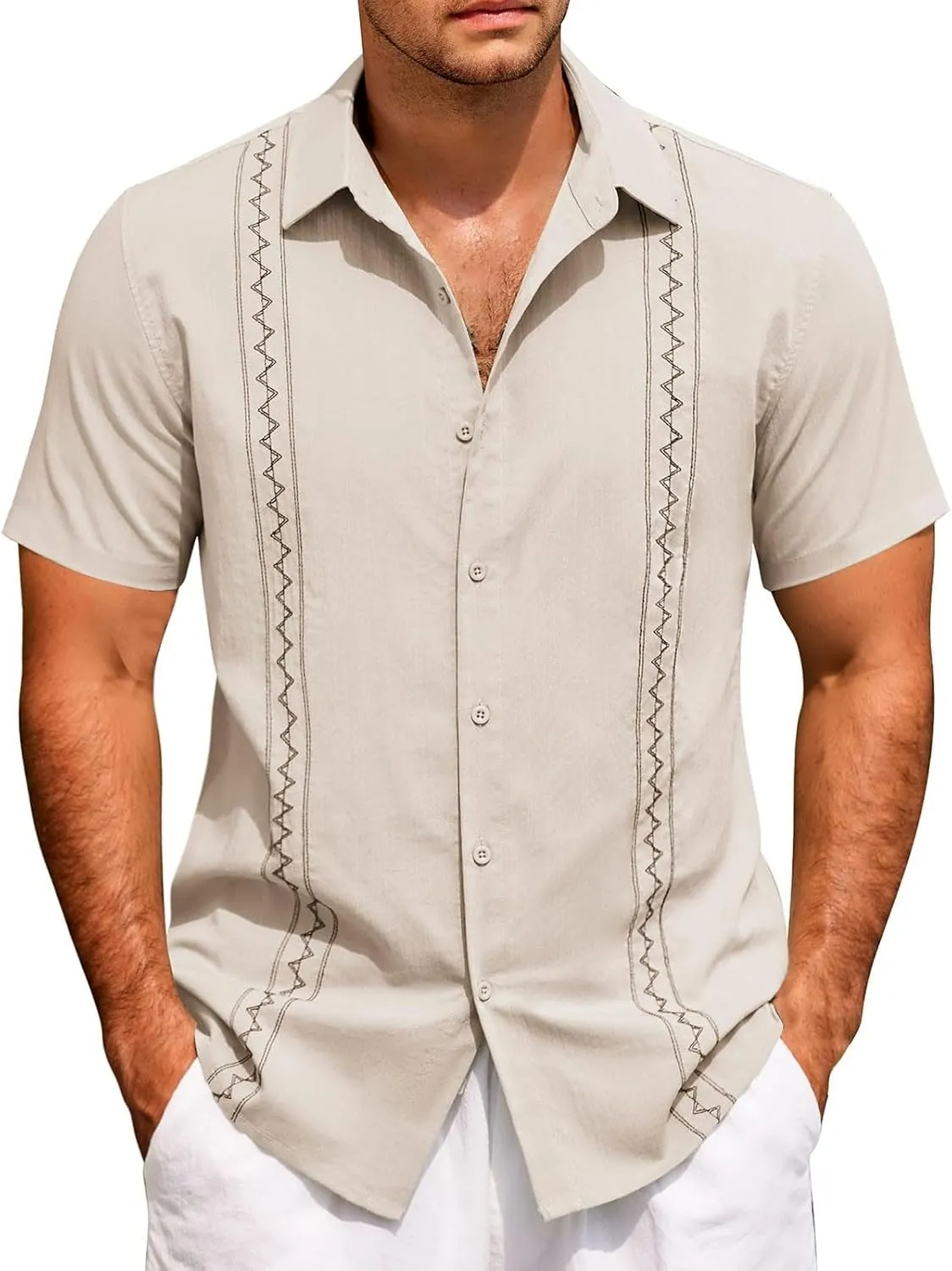 Hawaiian Shirt Men Casual Short Sleeve Button Down Beach Summer Wedding Shirt Casual Cotton Linen Solid Color Tee