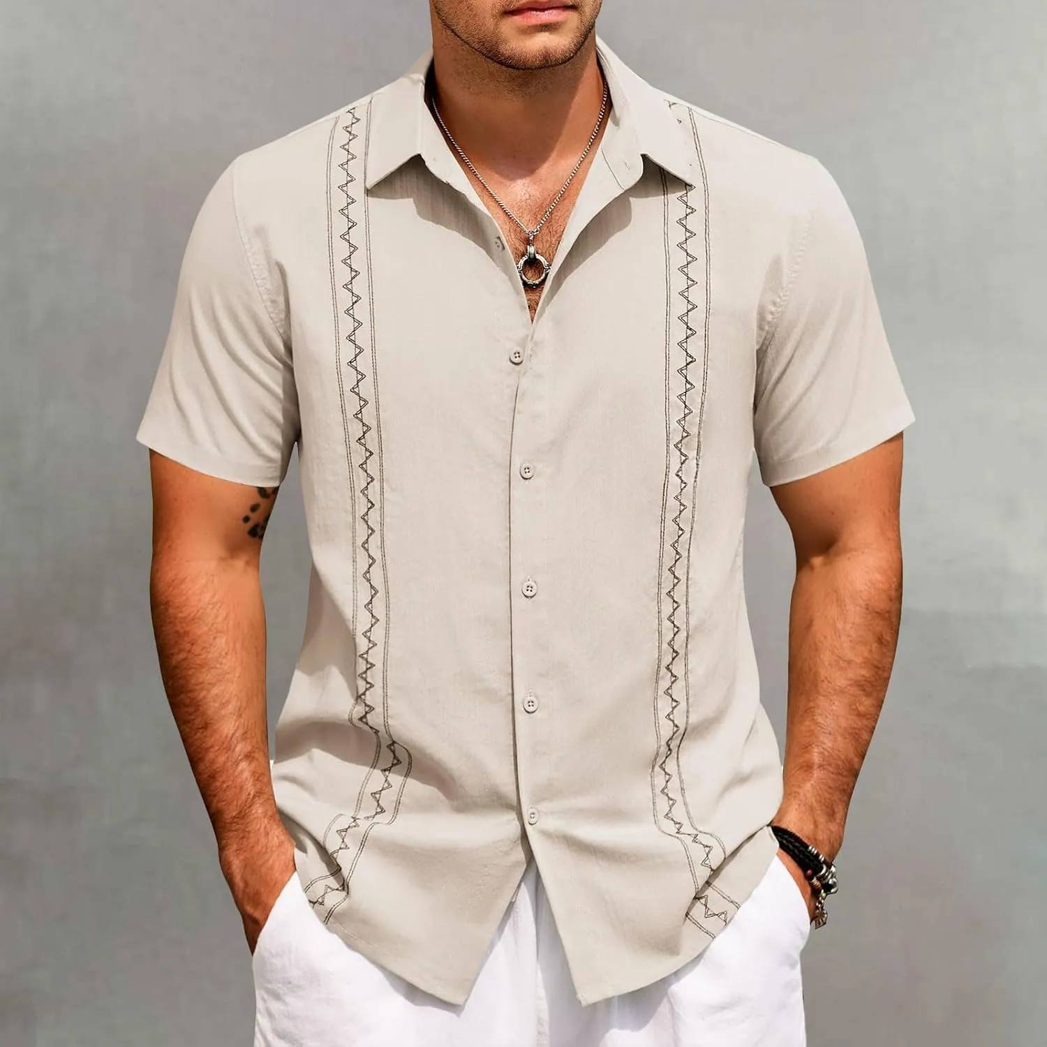 Hawaiian Shirt Men Casual Short Sleeve Button Down Beach Summer Wedding Shirt Casual Cotton Linen Solid Color Tee