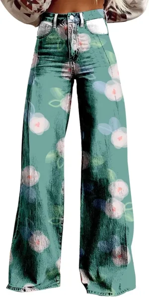 High Rise Wide Leg Jeans for WomenFlare Wide Leg Jeans for Women Baggy Pant Vintage Floral Printed High Waisted Straight Stretch Pants with Pockets