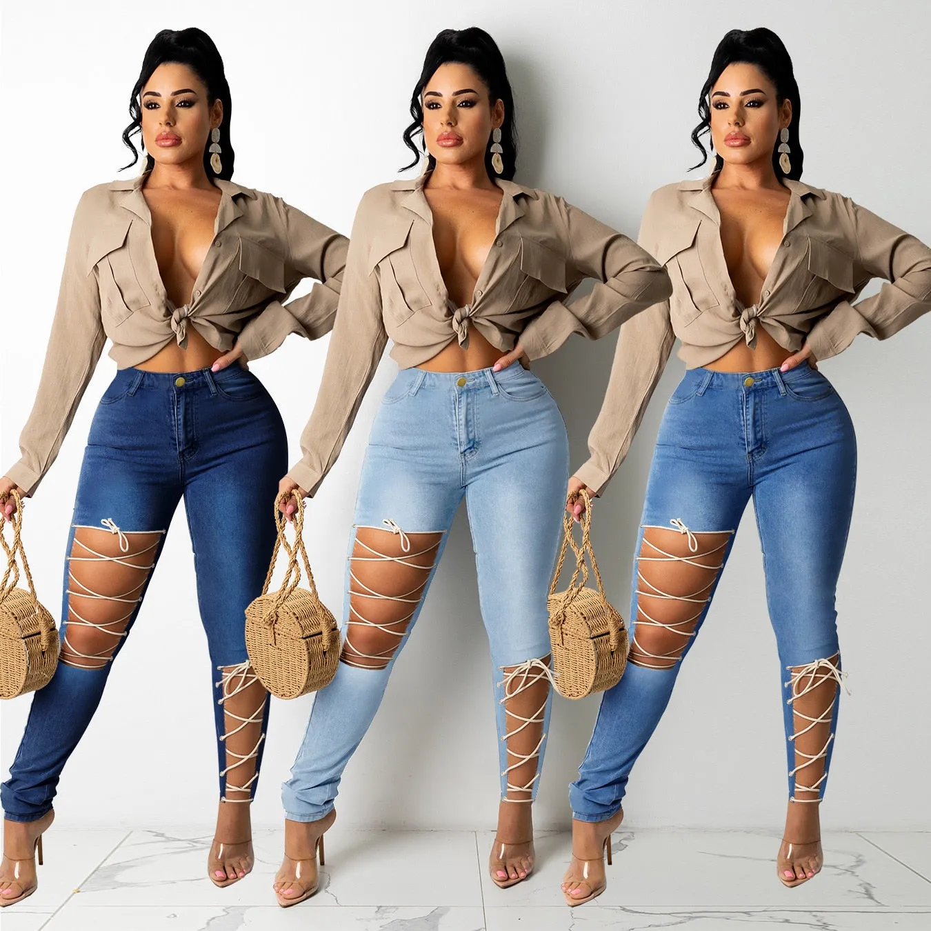 High Waist Lace-Up Bandage Jeans