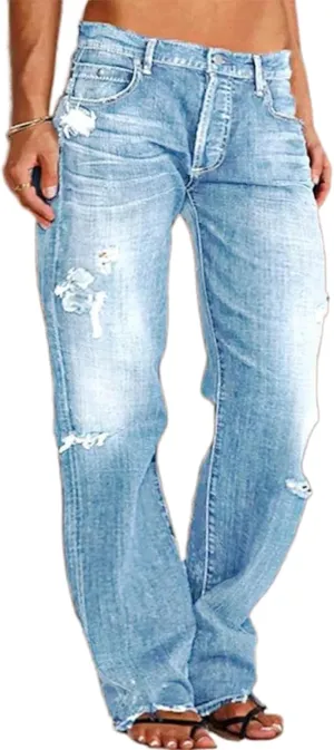 High Waisted Jeans for Women 2025 Loose Distressed Ripped Stretchy Straight Leg Boyfriend Denim Pants