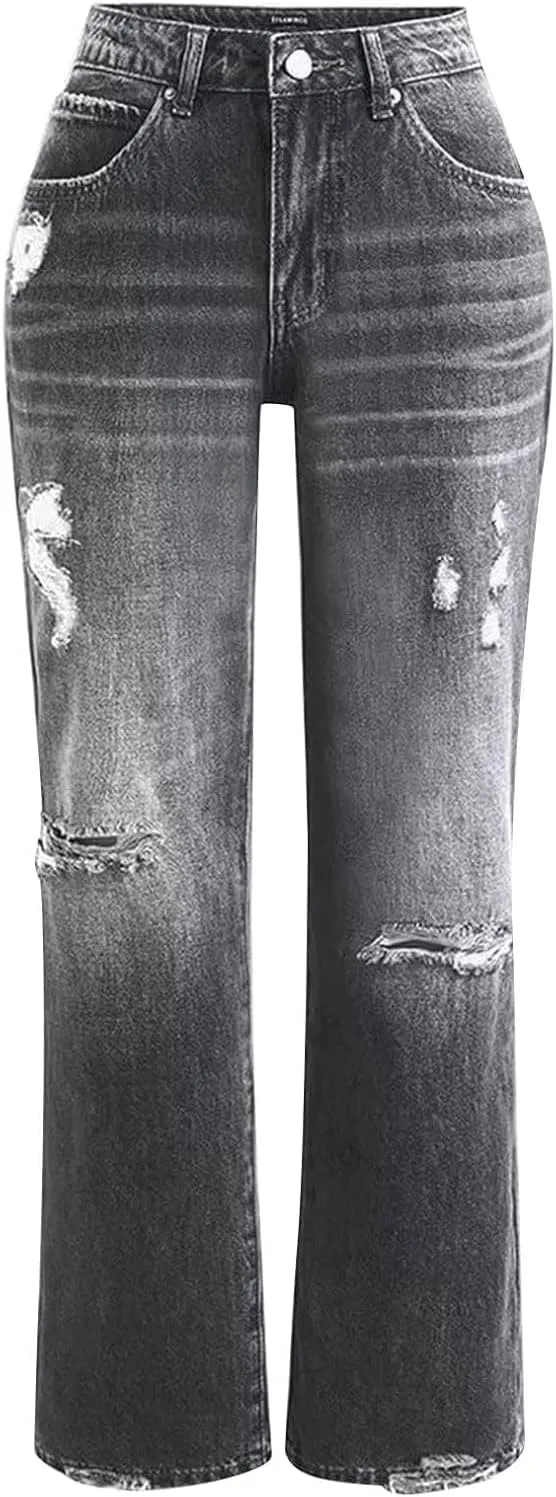 High Waisted Jeans for Women 2025 Loose Distressed Ripped Stretchy Straight Leg Boyfriend Denim Pants