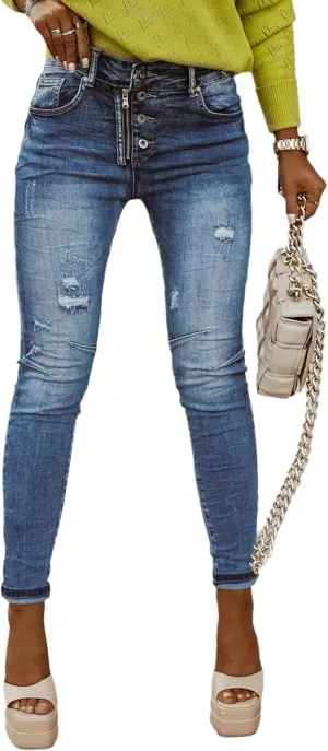 High Waisted Jeans for Women Trendy Ripped Stretch Skinny Jeans Washed Distressed Casual Denim Pants