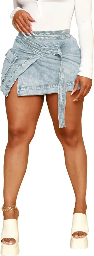 HTD Women's Mini Denim Skirts Sexy Short Jean Skirt Irregular with Pockets