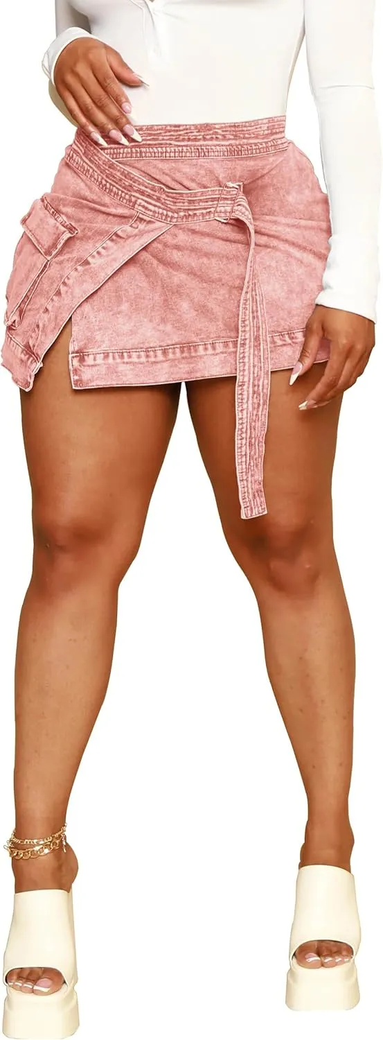 HTD Women's Mini Denim Skirts Sexy Short Jean Skirt Irregular with Pockets